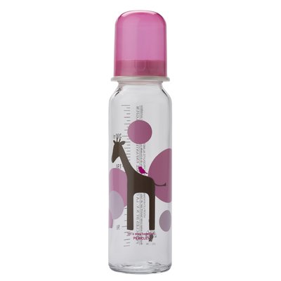 FLES, glas, 250 ml, Bizoo, Fuchsia,  fuchsia dop, transparante fles met giraf print PERICLES