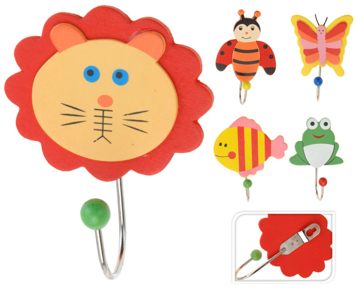 KAPSTOK, hout, dierenfiguren, hout, 5 soorten: leeuw, lieveheersbeestje, vis, vlinder, kikker, STUKVERKOOP KOOPMAN