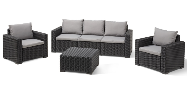 TUINSET, California graphite, 4-delig : 3-zit, 2x1-zit, tafel, volkunststof wicker, antraciet, met kussens, Allibert ALLIBERT