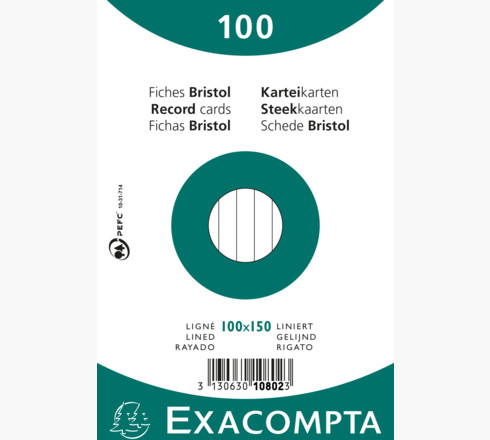 STEEKKAARTEN 10 x 15 cm, wit, lijn per 100 in cello, exacompta bristol,205g