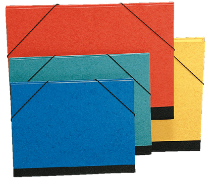 TEKENMAP 28x38 cm, ass. kleur, zwarte  rug, elastiek om de hoeken, voor A4 formaat, groen/geel/blauw/rood ass.