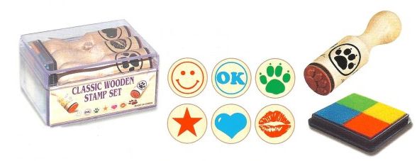 STEMPEL set van 6 ronde stempels, incl. stempelkussen,  OK 