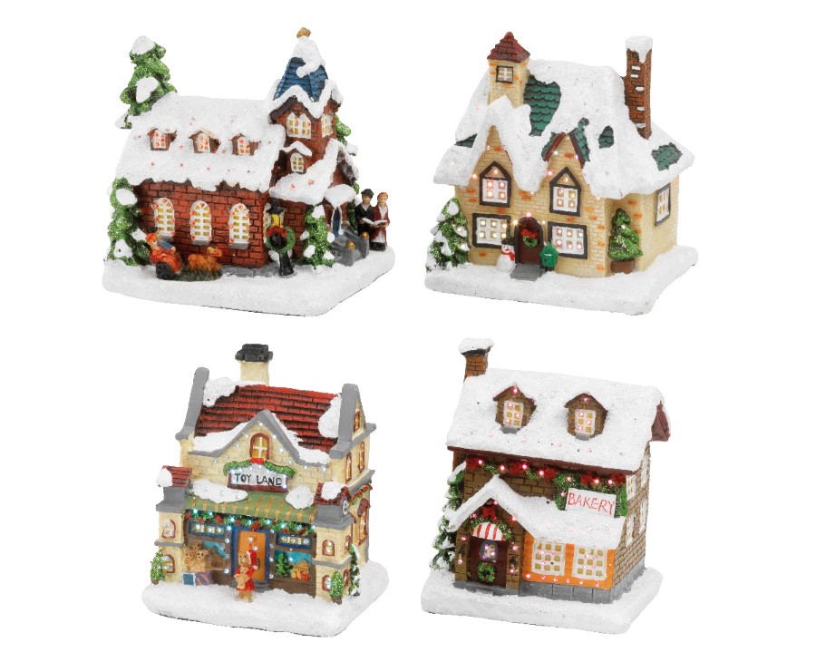 Kersthuisje huisje, 12.5 x 11 x 9 cm, met verlichting, assortiment