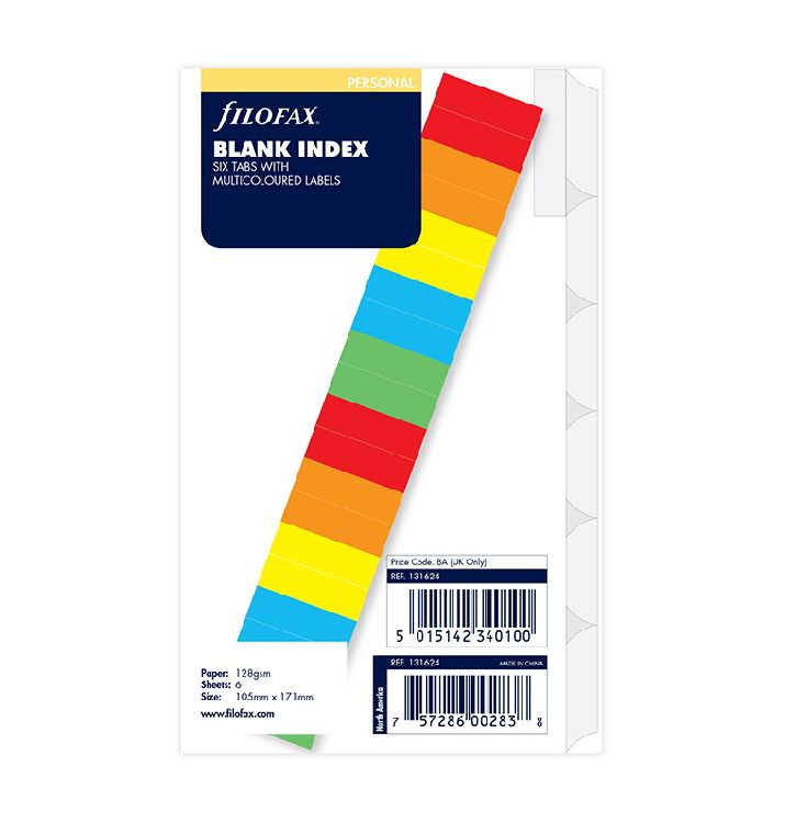 Agendavulling Filofax Org Und Personal Blank Index White With Multi-Coloured, agenda, geschikt voor Filofax