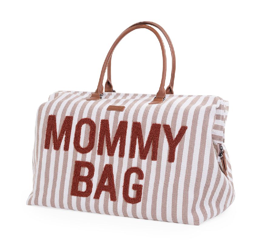 Verzorgingstas Childhome Mommy Bag Canvas, draagtas met luiermat | Canvas the stripes collection nude/terracotta