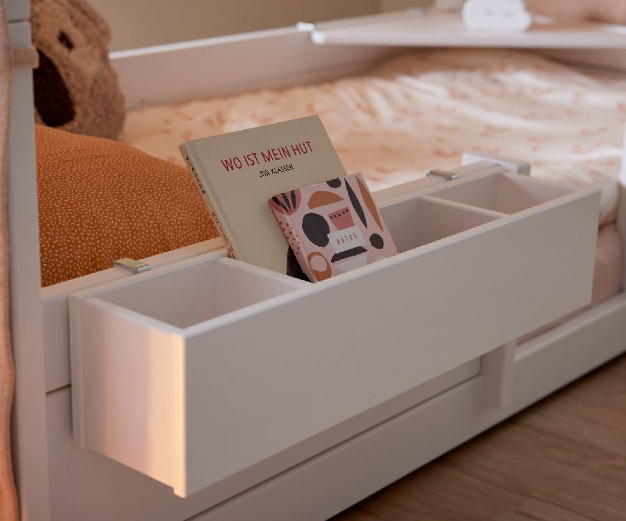 Opberger Opbergbox, 4-in-1 bed met dakconstructie/Montessori bed 90x200/Bed 90x200/Halfhoogslaper 90x200/Hoogslaper 90x200/Hoogslaper Study & Relax 90x200, white voor eenpersoonsbed Lifetime Kidsrooms Kamer opberger