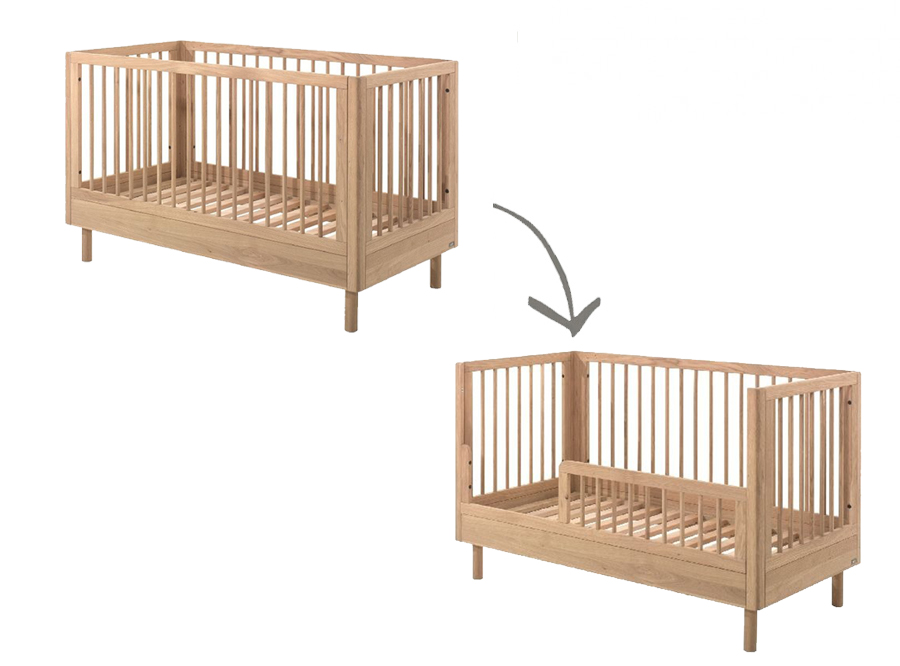 Bed Jaxx furniture, Forrest oak, Forrest oak 70x140 omvb, babybed omvormbaar tot bedbank