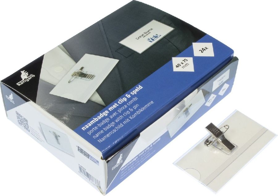 BADGE 24stuks, Naambadge 40x75mm, met clip, speld en insteekkaartjes wit