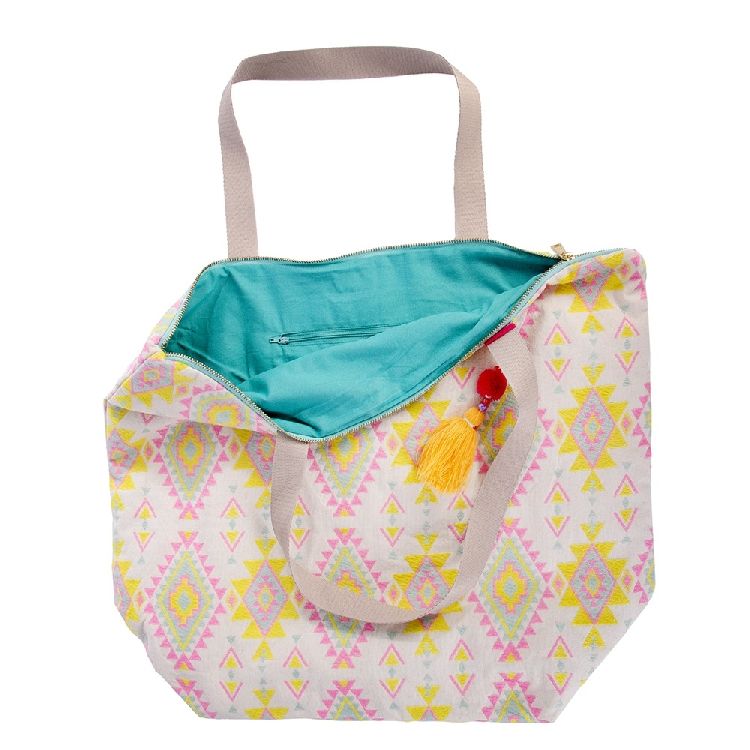 SHOPPER 1st, Beachbag, Majoie, aop, ecru/geel/roze, ritssluiting, 45x44x11cm, draagtas