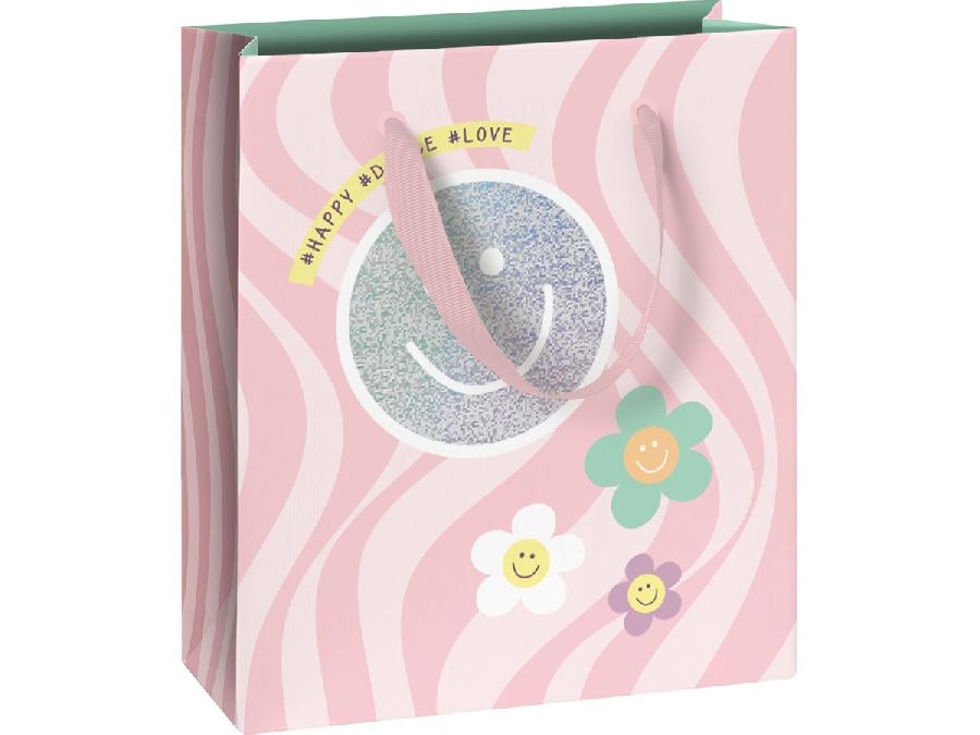 GESCHENKZAK 1st, Nea, rose, smiley/ bloemetjes, 18x8x21 cm, draagtas