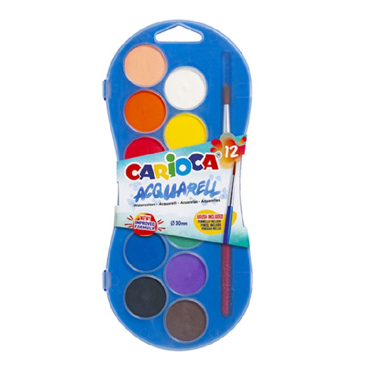 VERFDOOS Carioca, Aquarelli, waterverf, 12 pastilles dia 30 mm, + penseel, kristaldoos, met ophangoog
