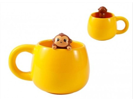 DRINKBEKER 1st, Ceramic Mug, Monkey,  13x9x8,5cm, 450ml, geel