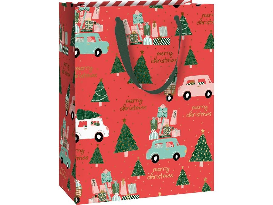 GESCHENKZAK auto/kerstbomen, rechthoek, rood, 23x13x30cm, 1 stuk(s)