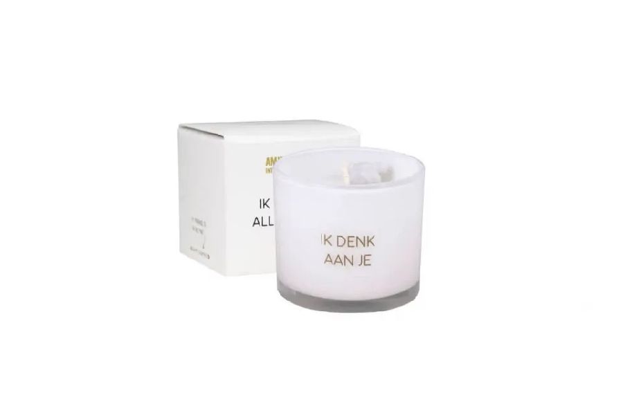 KAARS geurkaars, Sojakaars, rond, wit, tekst: ik denk aan je, geur: fresh cotton, 1st