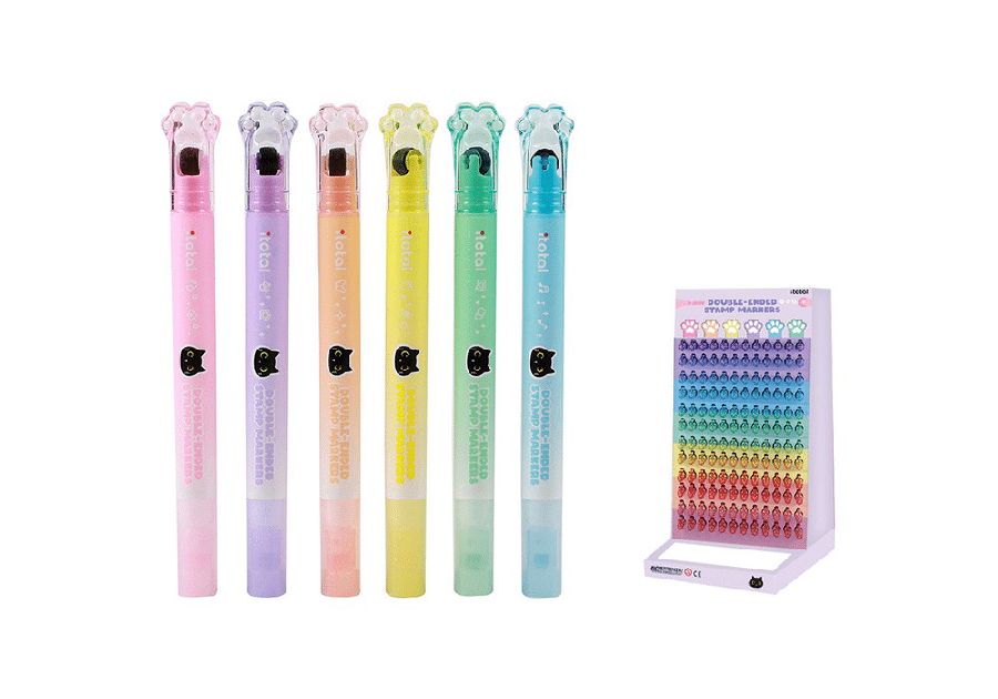 TEKSTMARKER 1st, 2 in 1 highlighters, assortiment, roze/paars/oranje/geel/ groen/blauw, kattenpootje