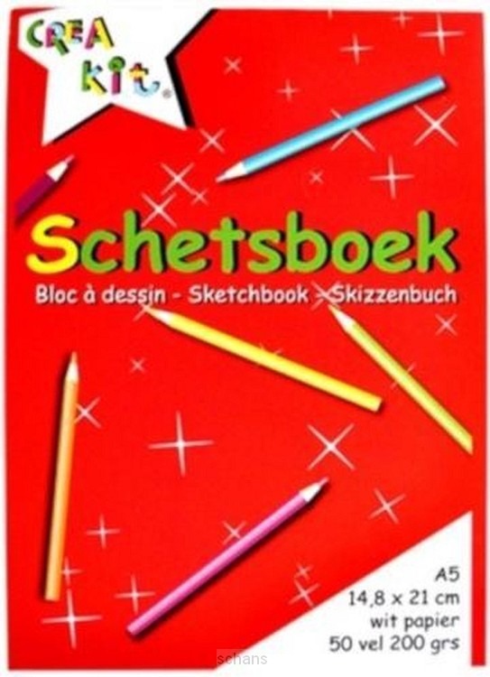 SCHETSBOEK A5, 50 vel, 200 gr, gelijmd aan bovenzijde, wit, verticaal, 1st, tekenpapier
