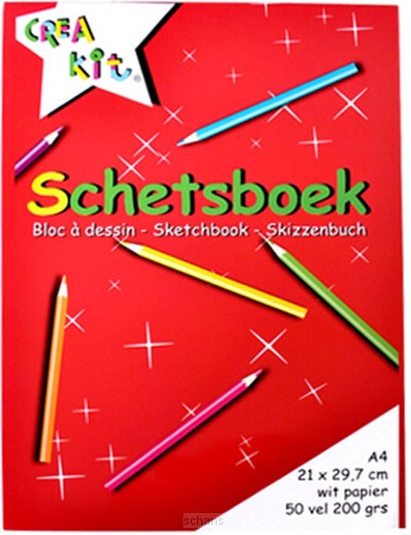 SCHETSBOEK A4, 50 vel, 200 gr, gelijmd aan bovenzijde, wit, verticaal, 1st, tekenpapier