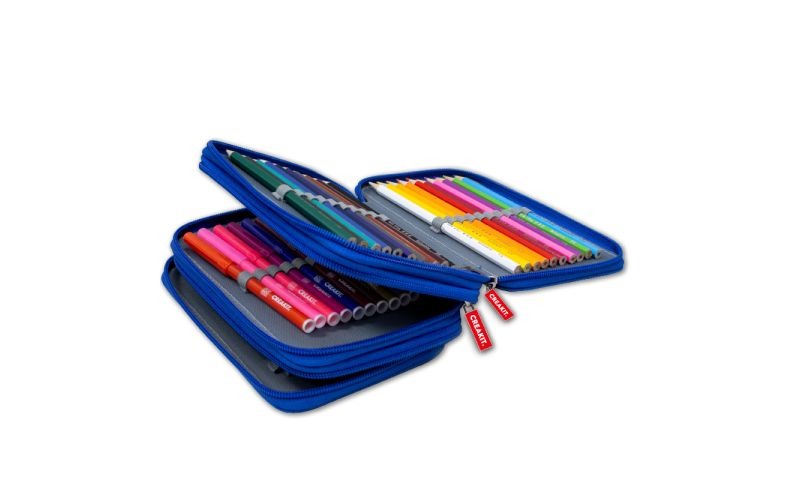 PENNENZAK 1st, gevuld, blauw, 55delig, 3 compartimenten, inhoud: kpotloden, stiften, liniaal, gom, scherper