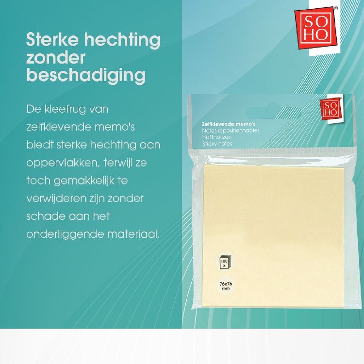 POST-IT 100 vel, 7.6 x 7.6cm, geel, zelfklevend