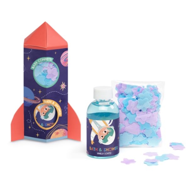 DOUCHEGEL / BADCONFETTI Galaxy Raket To The Moon geschenkset, 100ml douchegel + 15 gr badconfetti, verzorgingsproduct
