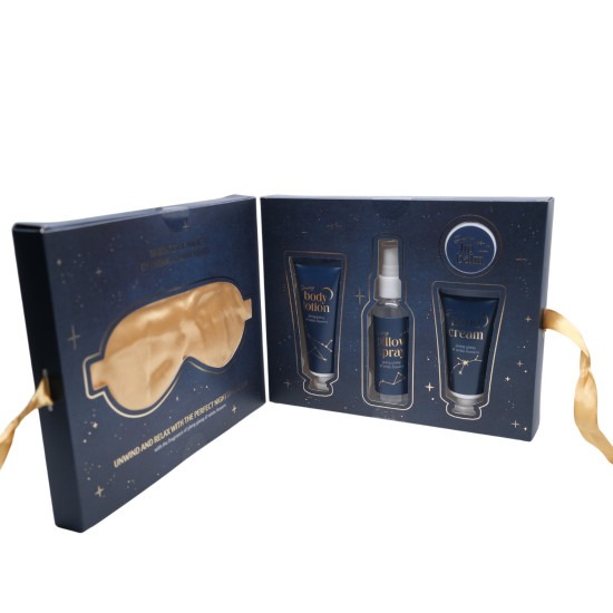 SLAAPMASKER Starry nights luxe slaapkit geschenkset, 5st, masker/45ml bodylotion /kussenspray/ lippenbals/30ml handcreme