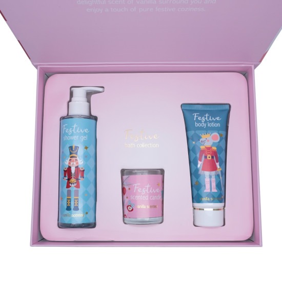 DOUCHEGEL / GEURKAARS Festive luxe geschenkdoos 3 art., 180ml douchegel/ geurkaars in glas/120ml bodylotion