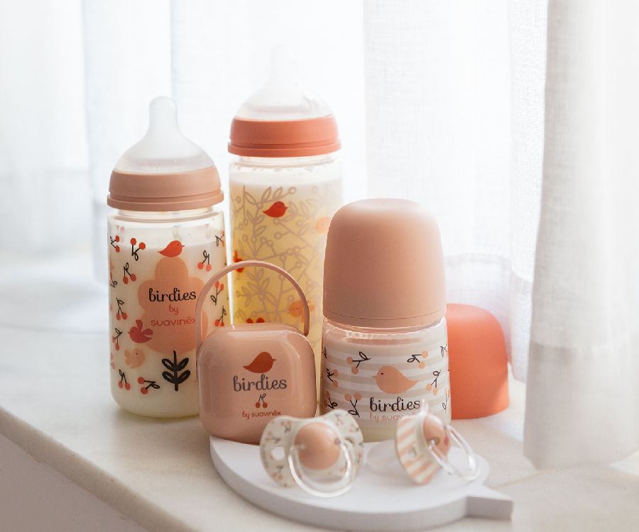 Fles Suavinex, breedhalsfles, 360 ml | Birdies pink