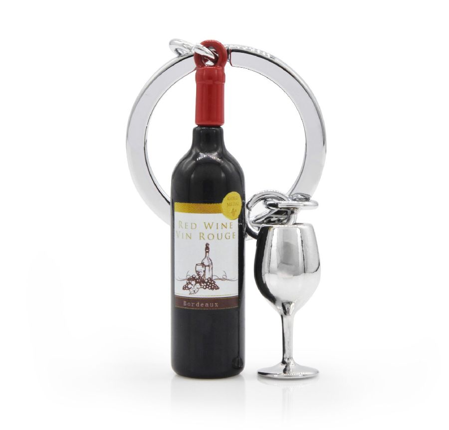 SLEUTELHANGER Red wine, vorm: flesje wijn + glas, zilver/zwart, uni, chroom, 1 stuk(s)