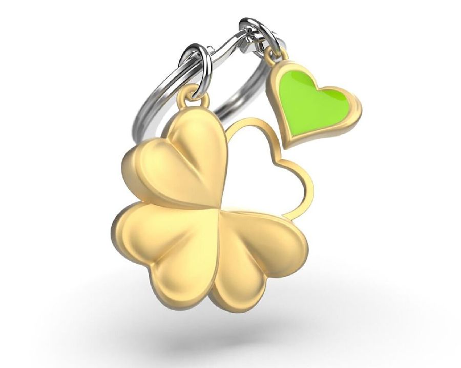 SLEUTELHANGER Lucky clover, vorm: klavertje + hartje, goud/groen, uni, chroom, 1stuk