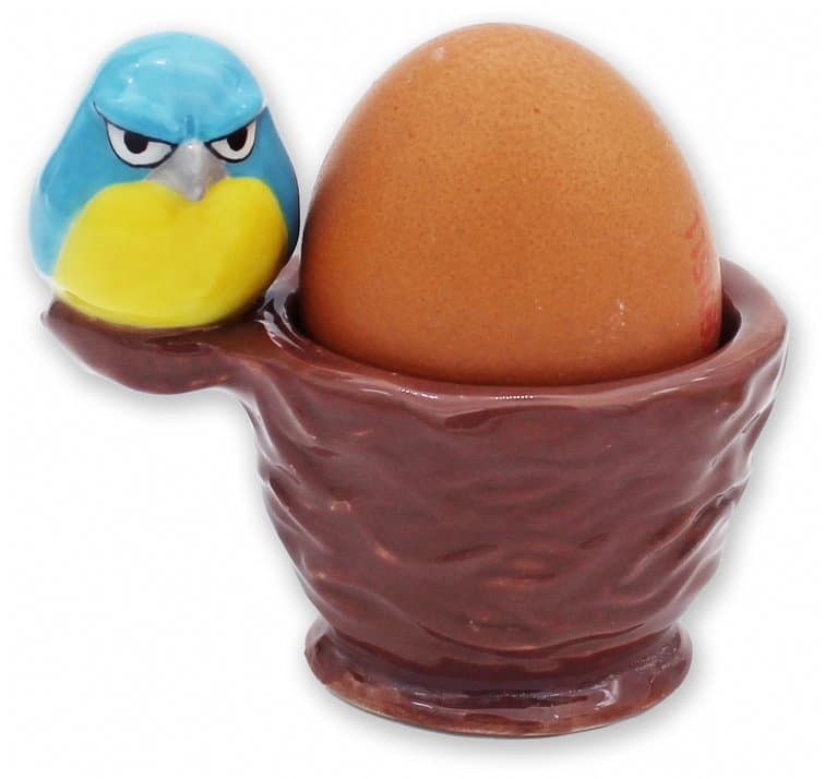 EIERDOPJE 1st, Egg Cup Grumpy Bird Boris, ceramic, bruin/blauw/geel, voor 1 gekookt eitje, 9.5x7x8.5cm, KEUKENGEREI