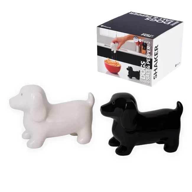 PEPER- EN ZOUTVAT Fisura, Dog 2.0, wit/zwart, set, keramiek, 16x16x12cm, KEUKENGEREI