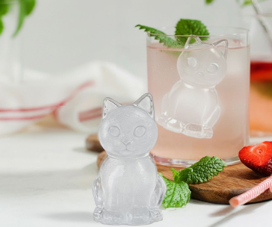 IJSBLOKJESVORM Ice Cube Mold Cat, blauw/wit, voor 4 XL ijsblokjes, vorm kat, siliconen, 12x5x18cm, KEUKENGEREI