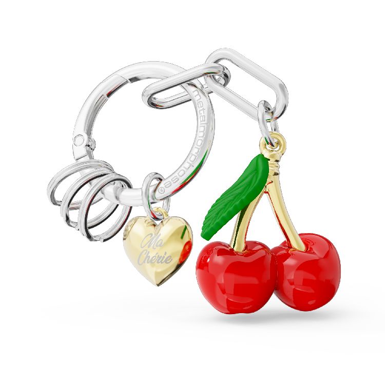 SLEUTELHANGER Kers/hartje/ringen, rood/goud/zilver, 7.7x4.1x1.1cm, 1st
