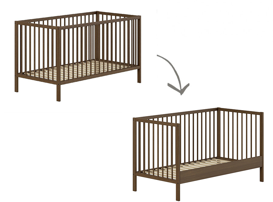 Bed Jaxx furniture, Dino Walnut 70x140 omvb, babybed omvormbaar tot bedbank