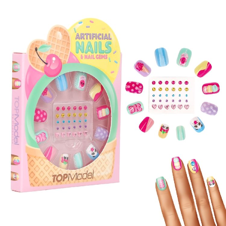 KUNSTNAGELS Topmodel, Candy Glam, multikleur, set 12 kunstnagels + 30decoratieve steentjes