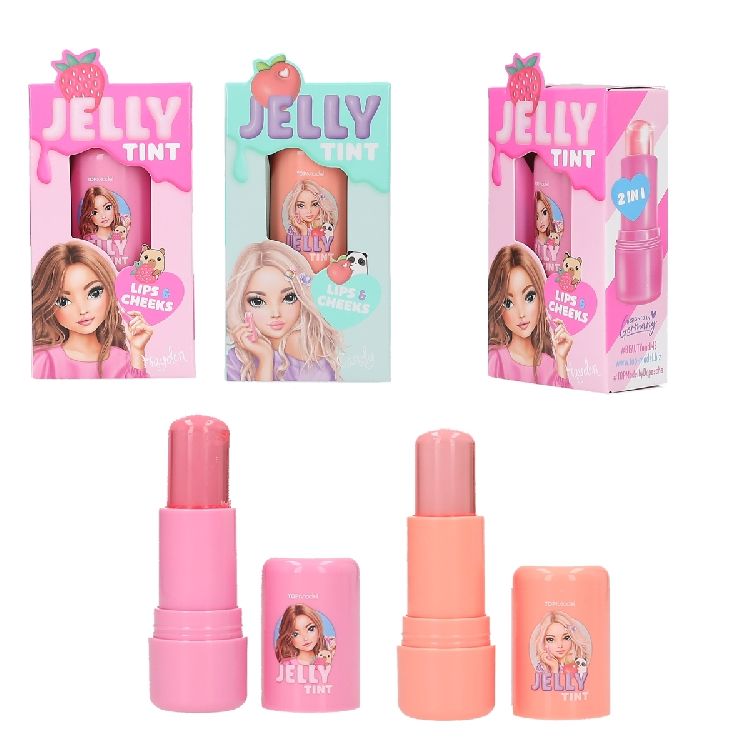 LIPPENSTIFT 1st, Topmodel, Jelly Stick cheeks & lips, Candy Glam, oranje met perzikgeur/roze m aardbeigeur, assortim.