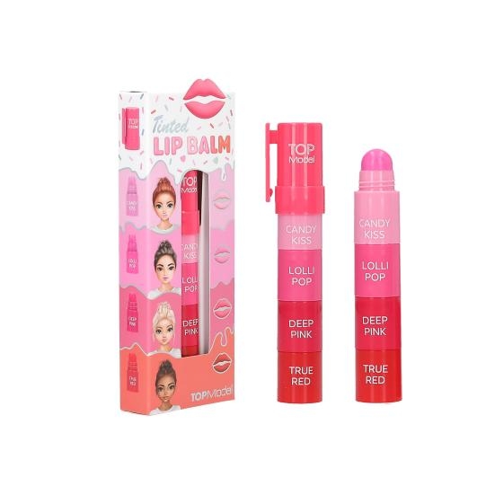 LIPPENBALSEM 1st, Topmodel, tinted lipbalm, Candy Glam, suikerspingeur, 4 opeengestapelde lippenbalsem