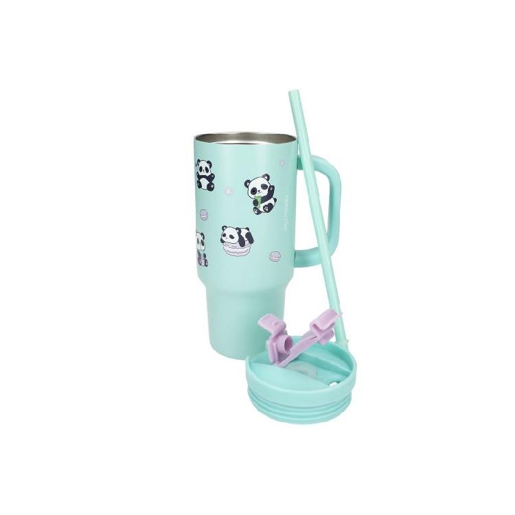 DRINKFLES 1st, Penfection, To Go Bechers with straw, Panda, blauw/groen