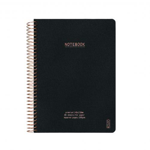 NOTITIEBOEK A5, geruit, Kozo, Notebook Premium, black, uni, zwart, 80 sheets
