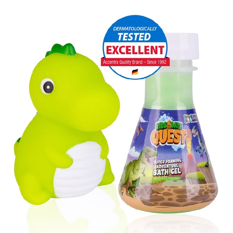 BADSCHUIM 1st, Koolkidz, dino  badspeelset, 60ml schuimende badgel +  waterspuit vorm dino, geur: fresh apple