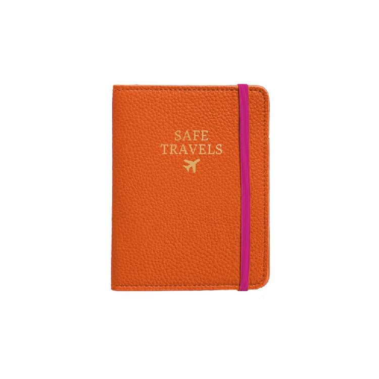 PASPOORTHOUDER 1st, majoie, orange, 11x14cm, elastieksluiting, tekst: safe travels, REISARTIKEL