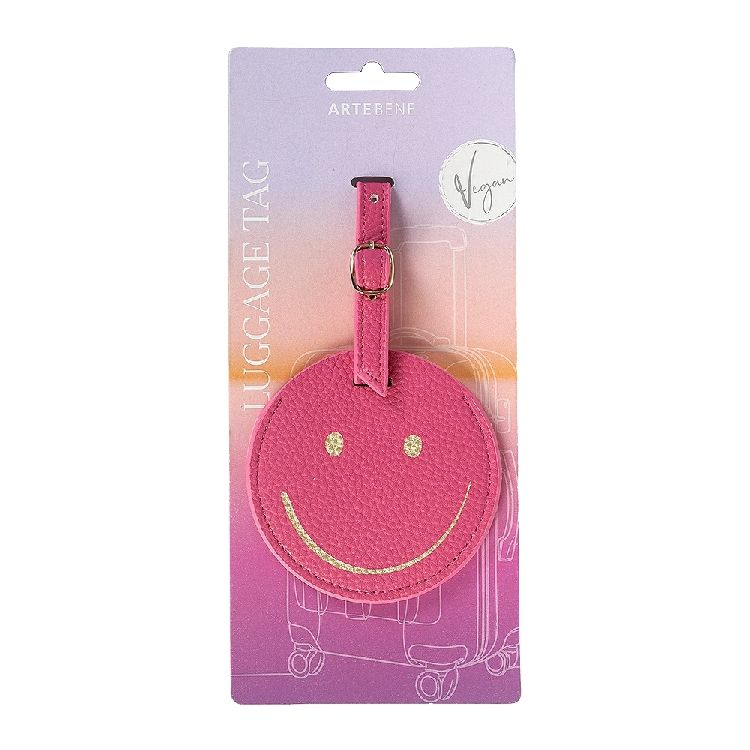 BAGAGELABEL 1st, majoie, 8.5cm, rund pink, smiley, roze