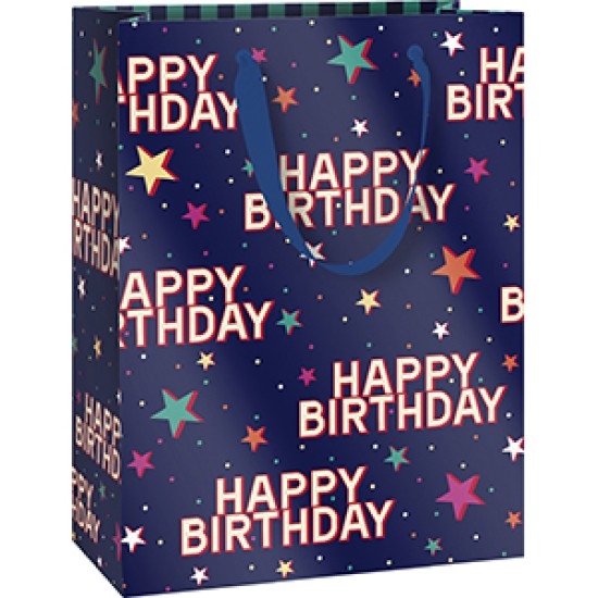 GESCHENKZAK 1st, bag, 23x13 cm, starlett blue foncé, print sterren en tekst happy birthday, verticaal model