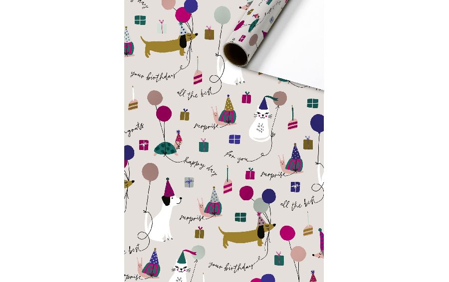 GESCHENKPAPIER 1st, Party Star, 70x150 cm, assortim: ster happy birthday/ bloemn happy birthday/hondjes ballonnnen