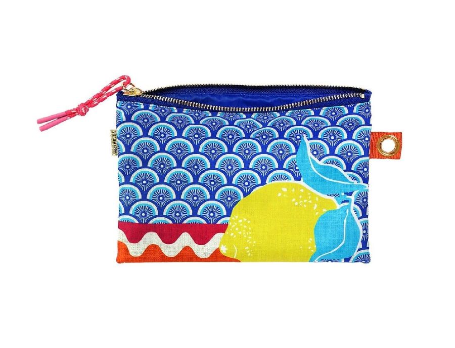 ETUI multifunctioneel, cosmetic bag, 22 x15cm, Zitrus, blauw/rood/geel, print boogjes + citroen