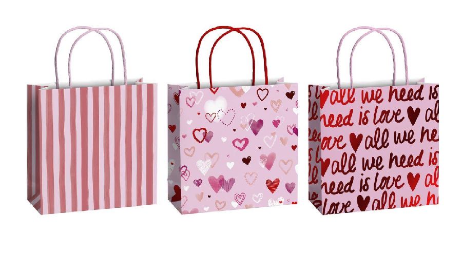 GESCHENKZAK 3st, 20x8cm, amaia rose, strepen/hartjes/tekst