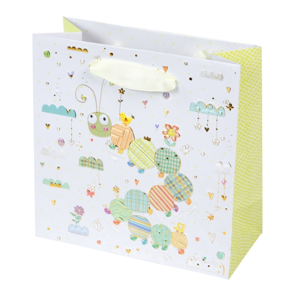 GESCHENKZAK 1st, 18x18x8cm, little loop, wit/groen, rupsje