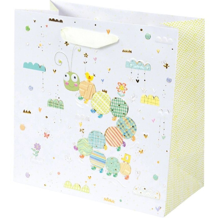 GESCHENKZAK 1st, 27x27x13cm, little loop, wit/groen, rupsje