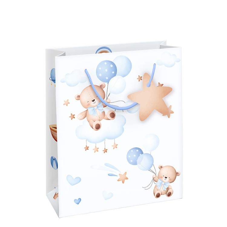 GESCHENKZAK Baby Boy M, wit/blauw, beertjes met ballonnen, papier, 23x18x9cm