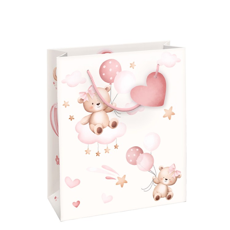 GESCHENKZAK Baby Girl M, wit/roze, beertjes met ballonnen, papier, 23x18x9cm